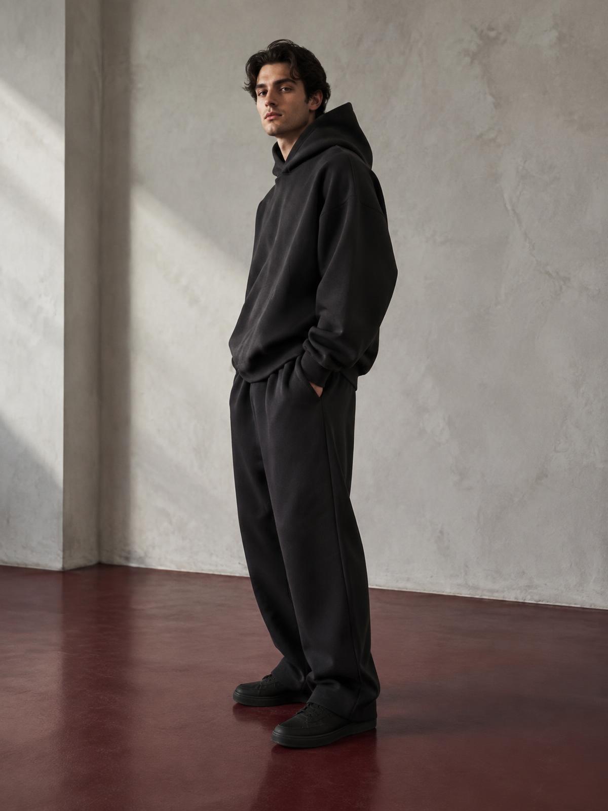 Model wearing the Lorenzo Barsotti heavyweight ink hoodie and sweatpants