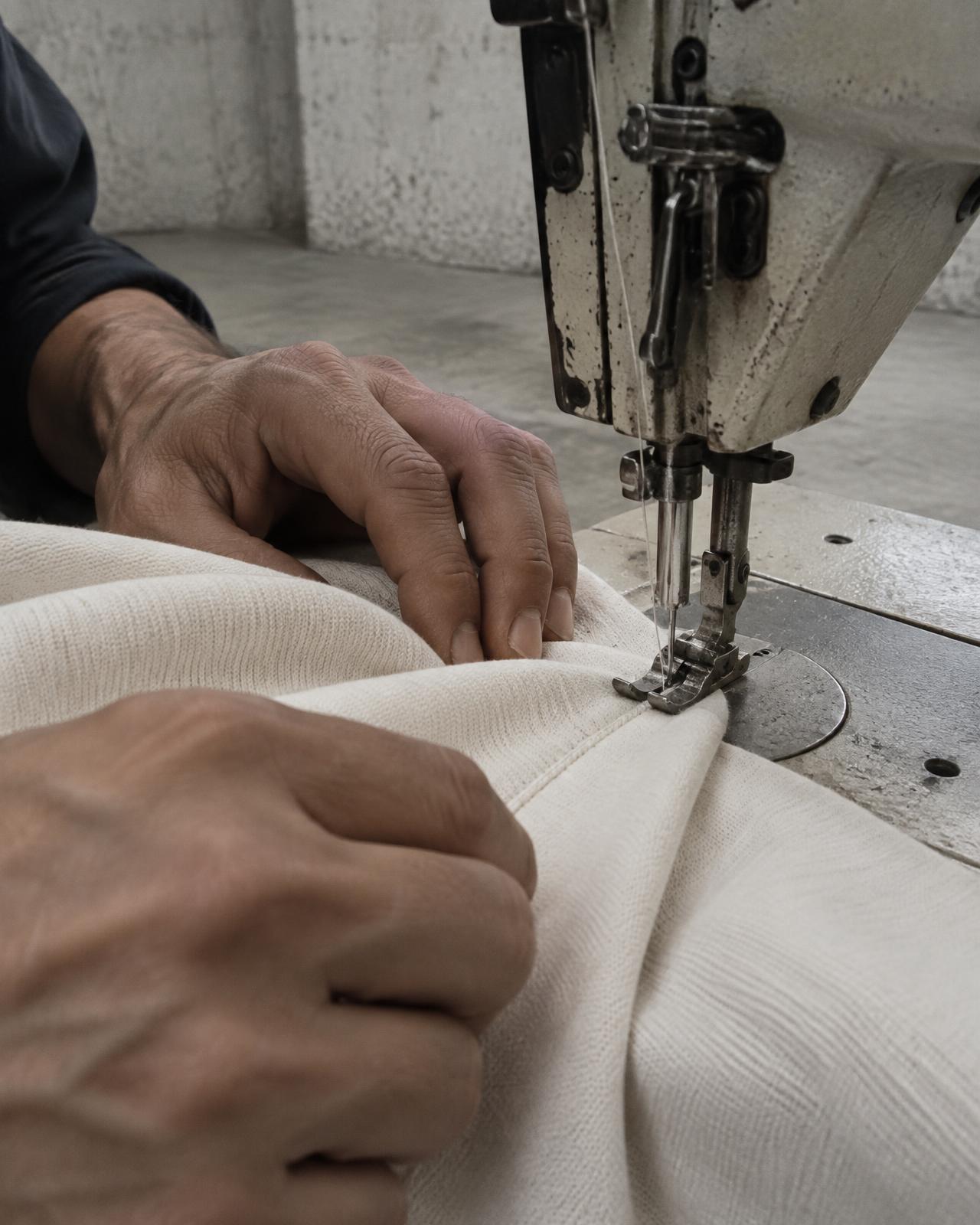 Close-up of chalk-white heavy cotton being sewn in the studio